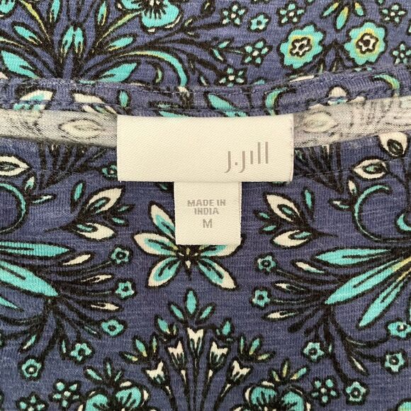 J.Jill Casual Top Ornate Floral Blue‎ Turquoise Boho 3/4 Sleeve Peplum Medium - Picture 12 of 13
